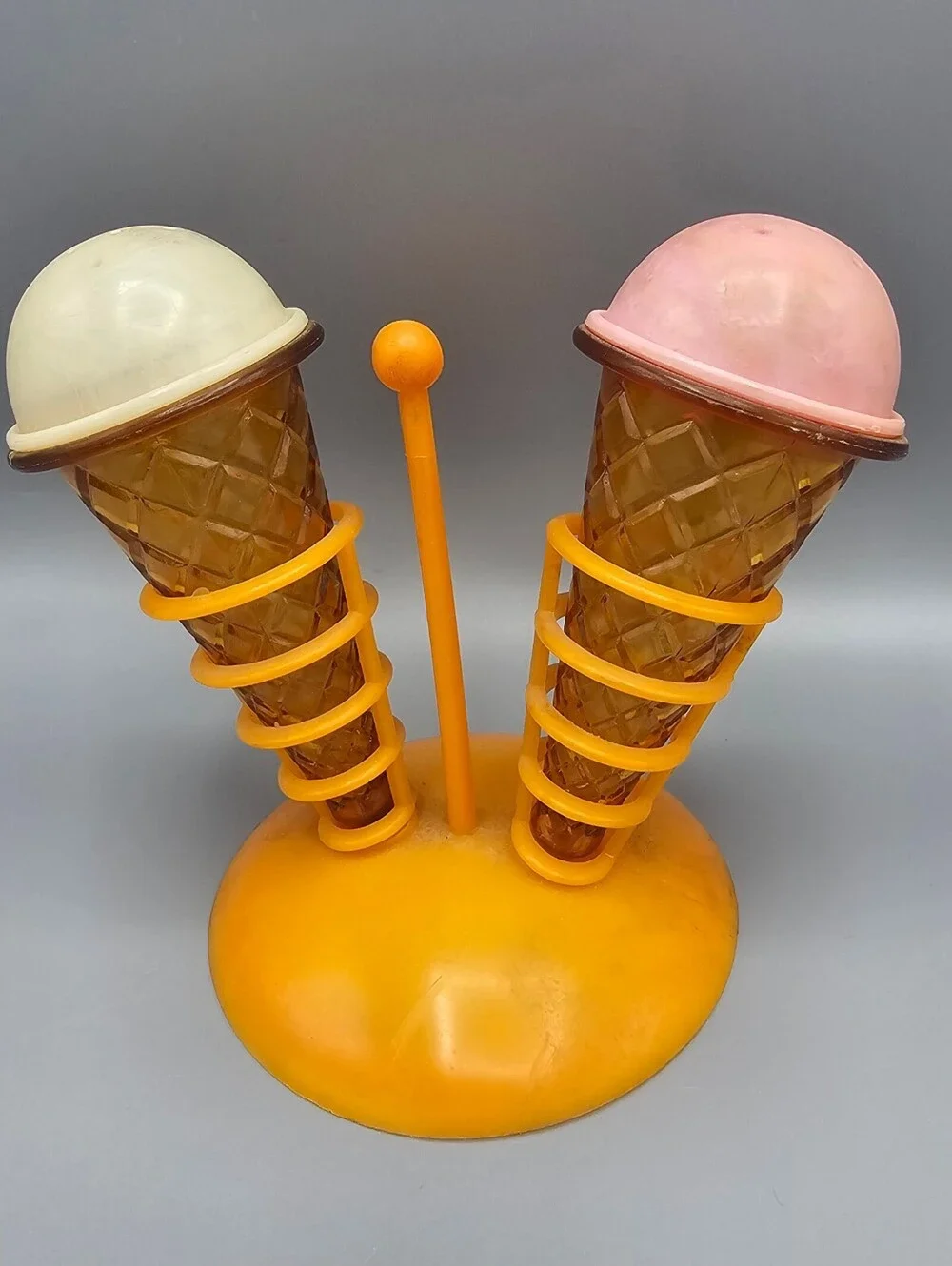 Vintage Plastic Ice Cream Cone Salt and Pepper Shakers with Stand